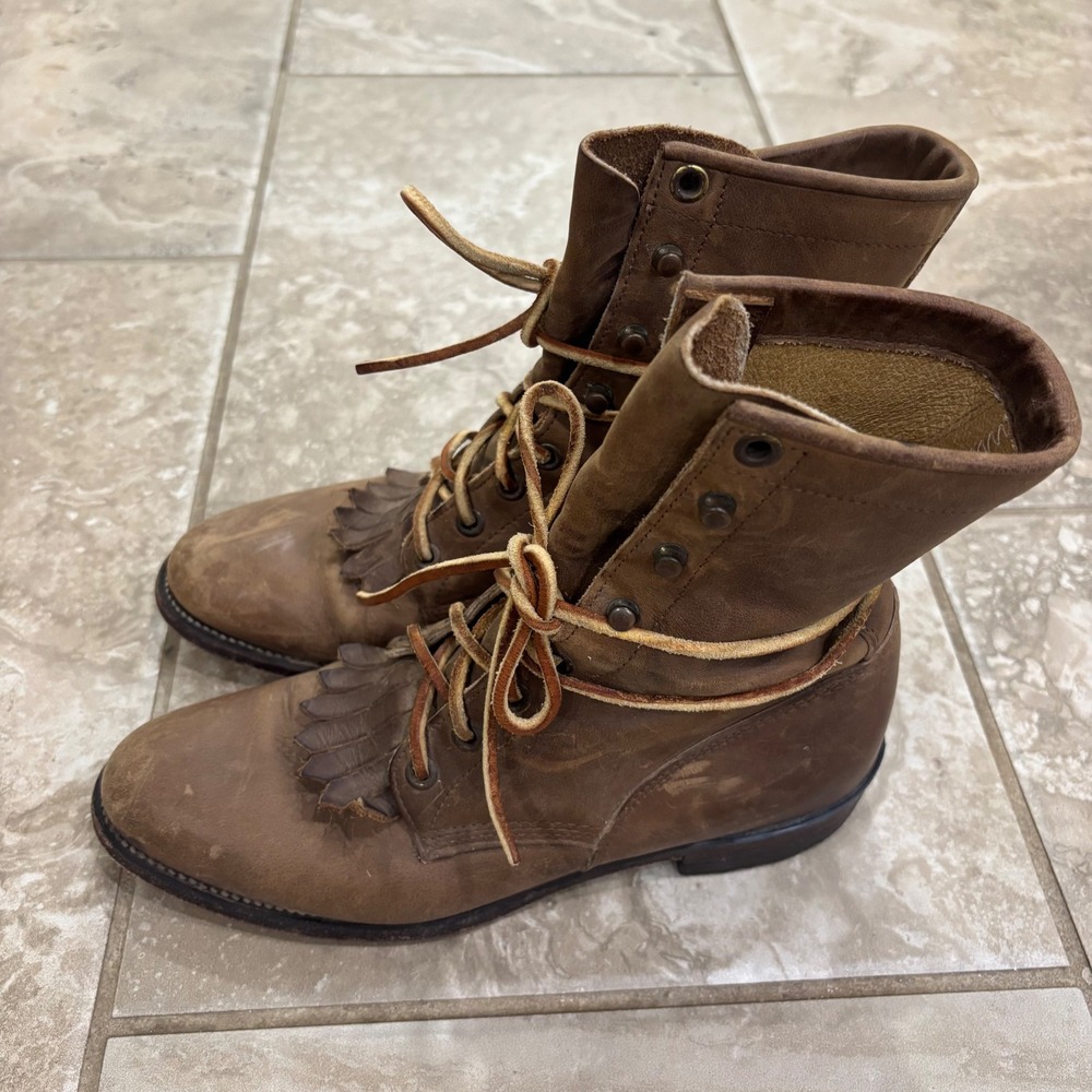 Justin L0575 Brown Leather Lace‎ Up Kiltie Western Boots Womens 5.5 B USA Made